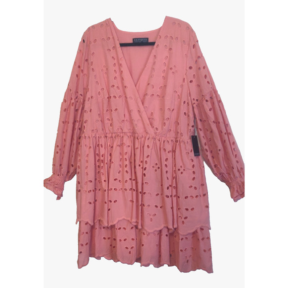 Eloquii Coral Dress Womens Sz 18 Eyelet Ruffles Romantic Boho Mini Tiered Bottom - Picture 1 of 16